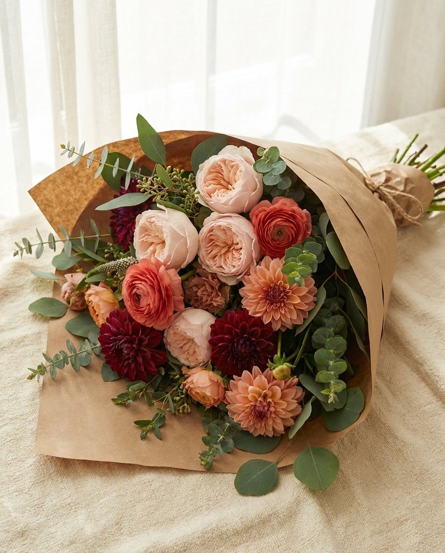Handgebonden boeket met seizoensbloemen