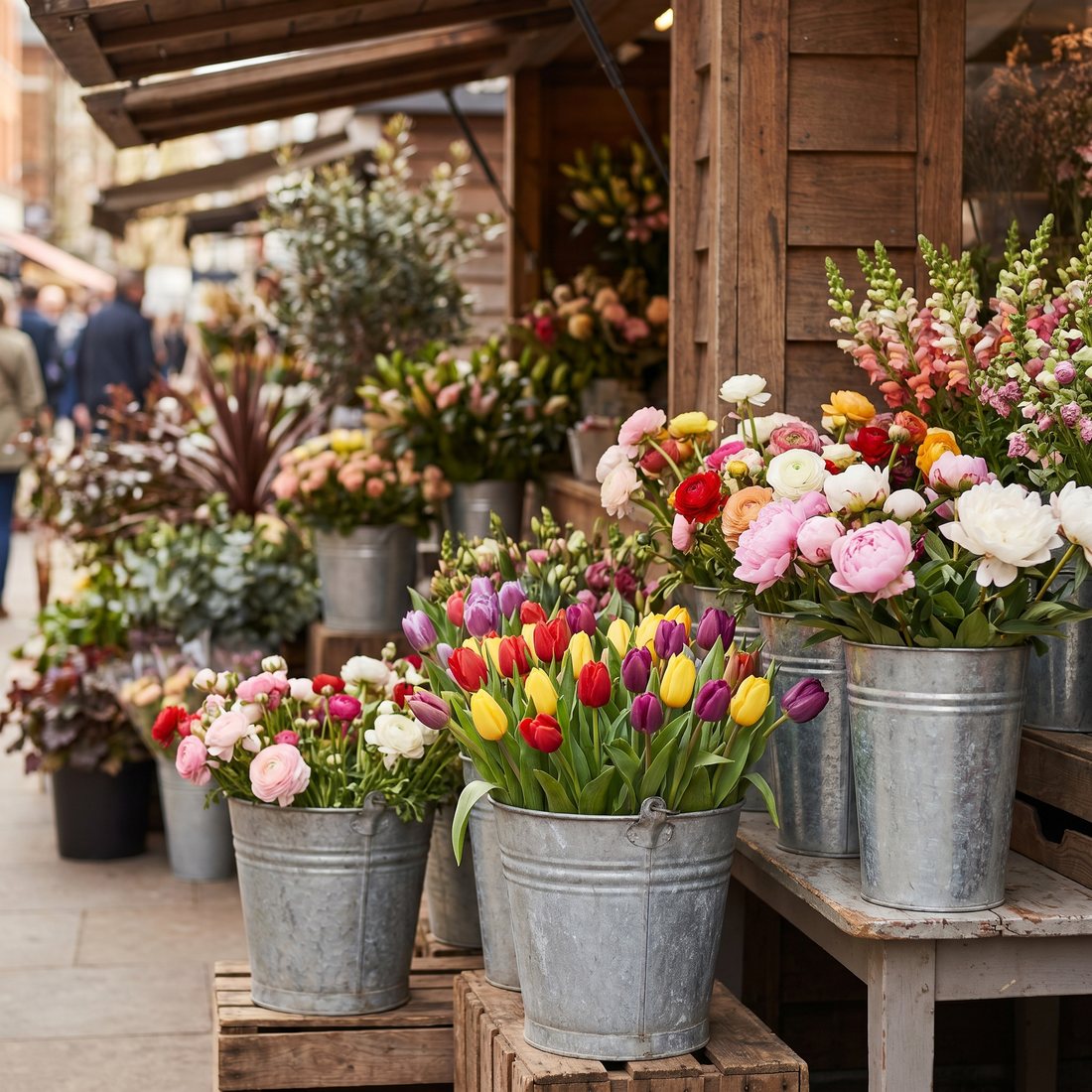 Zinken emmers vol verse kleurrijke bloemen