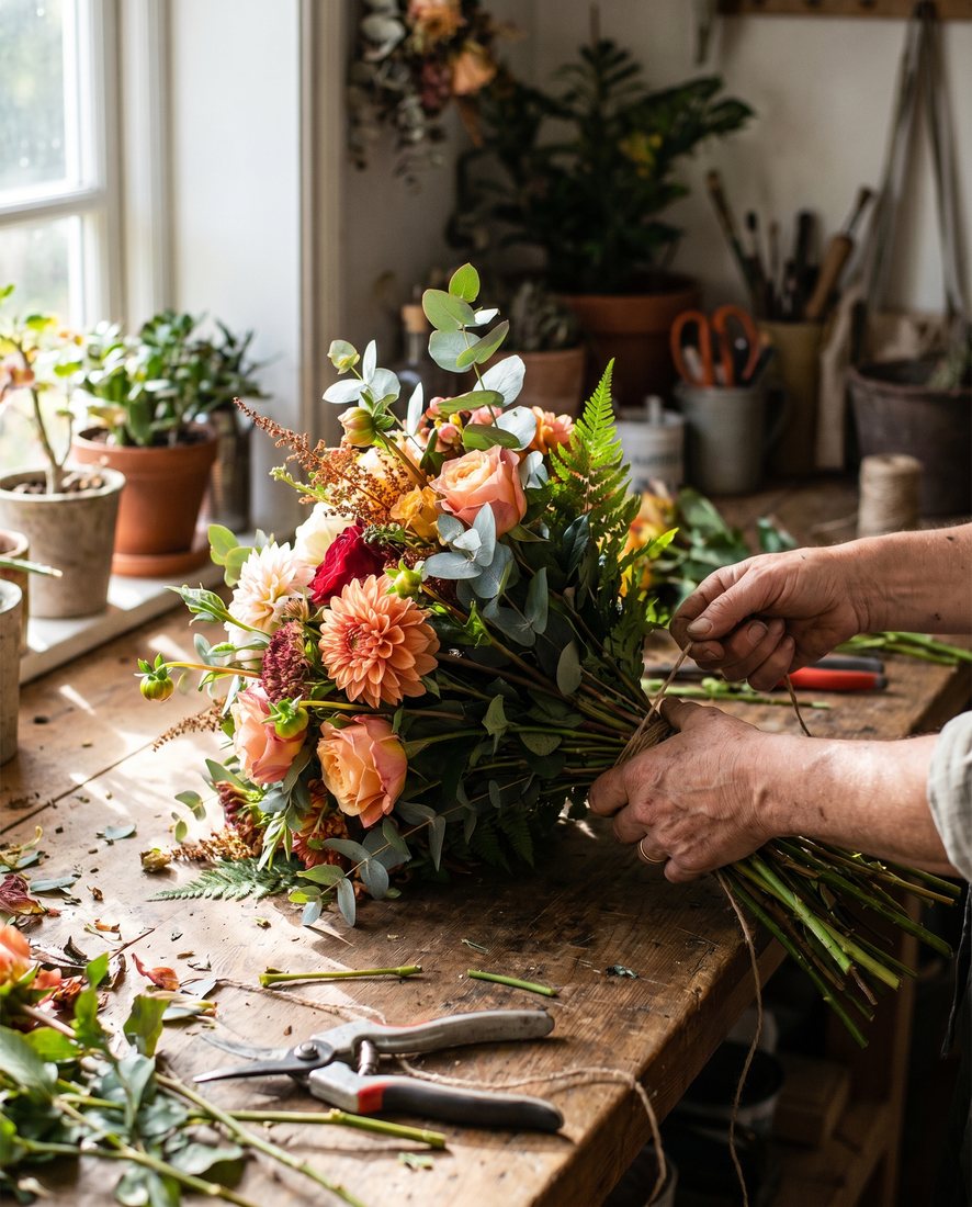 Handen die een vers boeket met seizoensbloemen binden