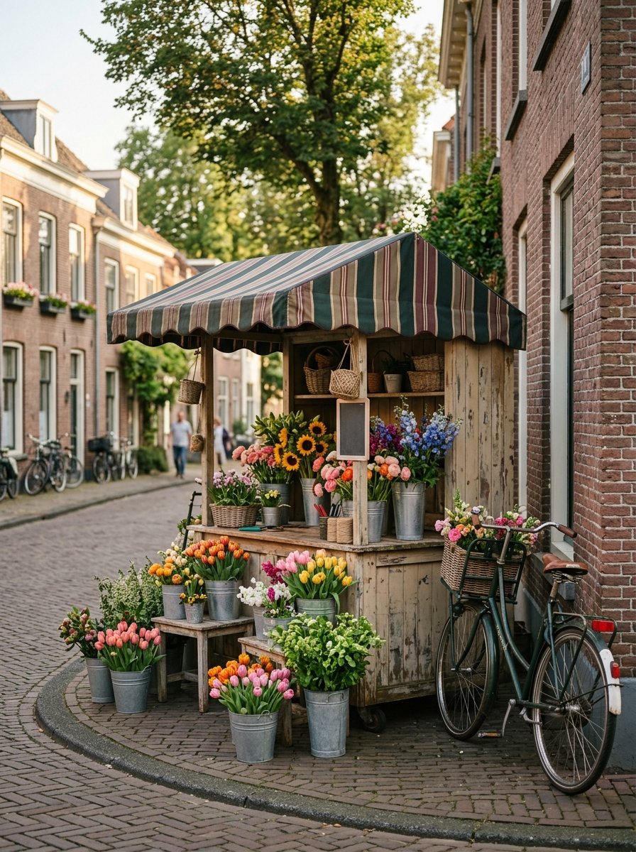 Charmante kleine bloemenwinkel met verse boeketten in de etalage