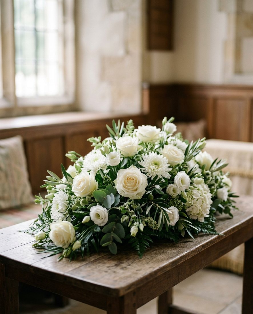 Rouwarrangement met witte en groene bloemen